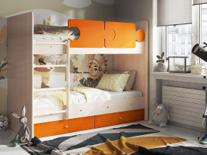 Кровать двухъярусная Тетрис латы с бортиками дуб млечный-оранжевый в Лесном - lesnoj.magazinmebel.ru | фото
